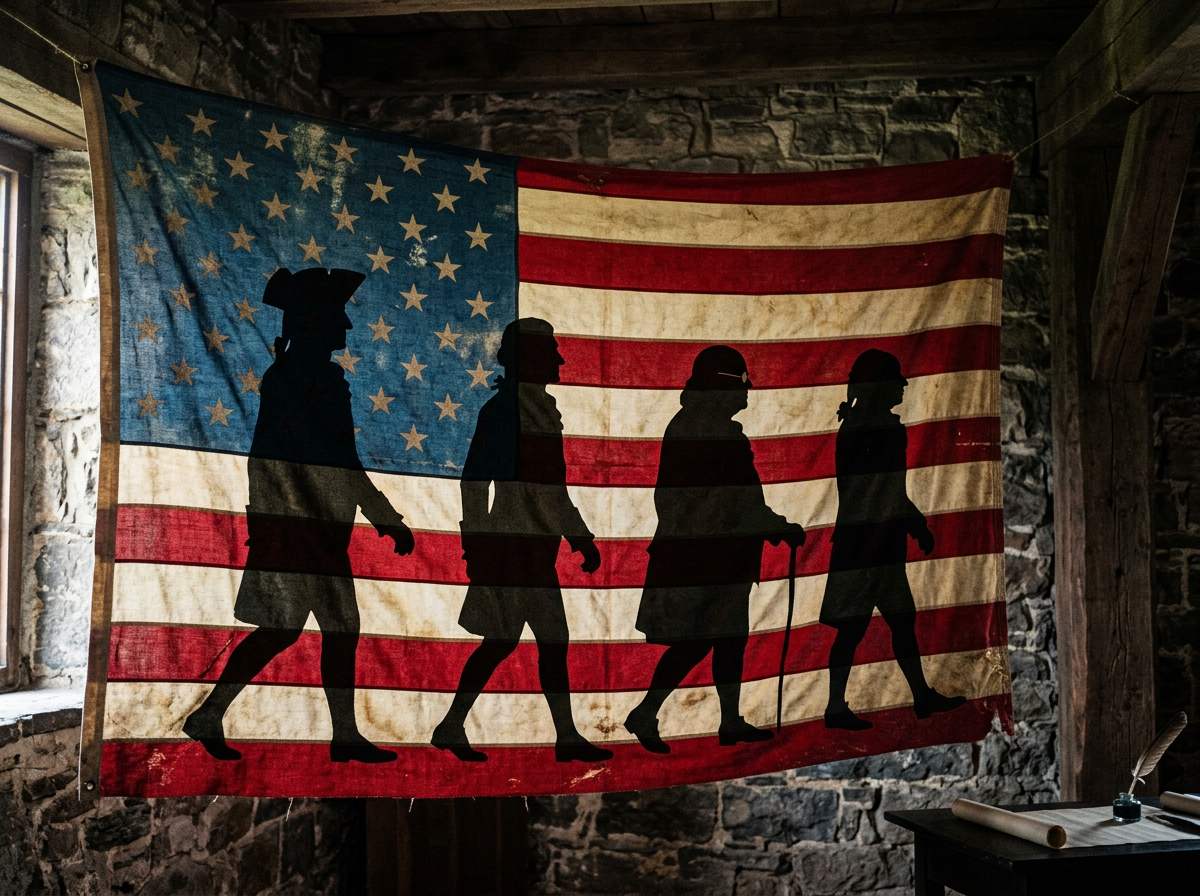 Silhouettes of four colonial-era American figures walking on a 34-star U.S. flag